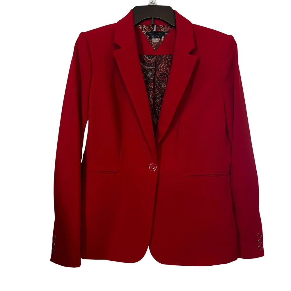 Tommy Hilfiger Women's Blazer Size 12 Red Slim Fit Single Button Paisley Lined